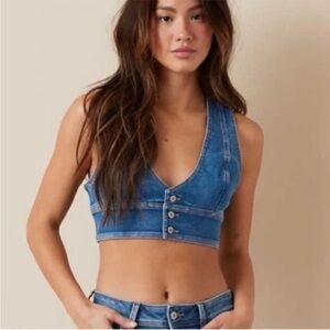American Eagle Outfitters Cropped Blue Denim Vest S